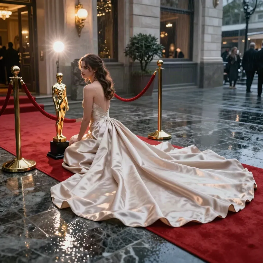 Red-carpet ropes, gold statuette, satin drape and flash bulbs on wet marble at dusk.