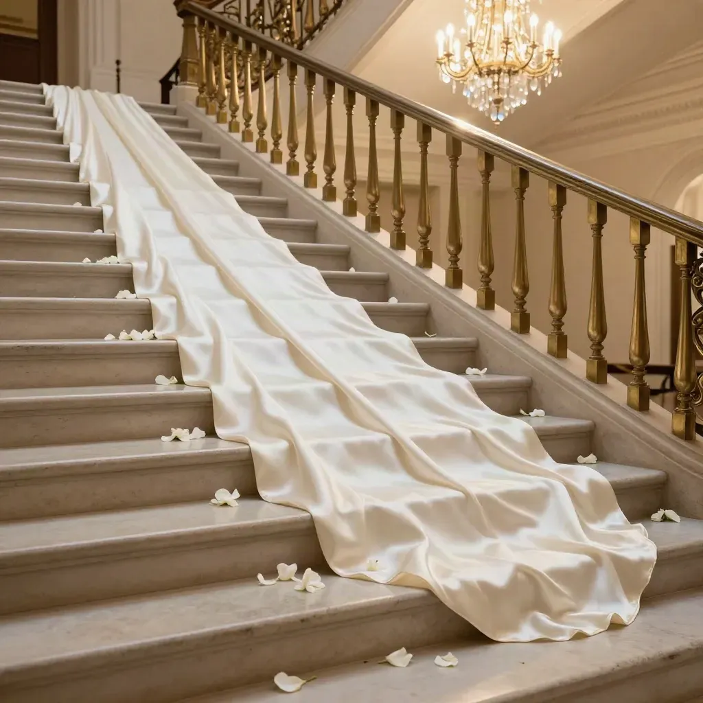 Low-angle Met Gala staircase with ivory train, petals, and chandelier glow.