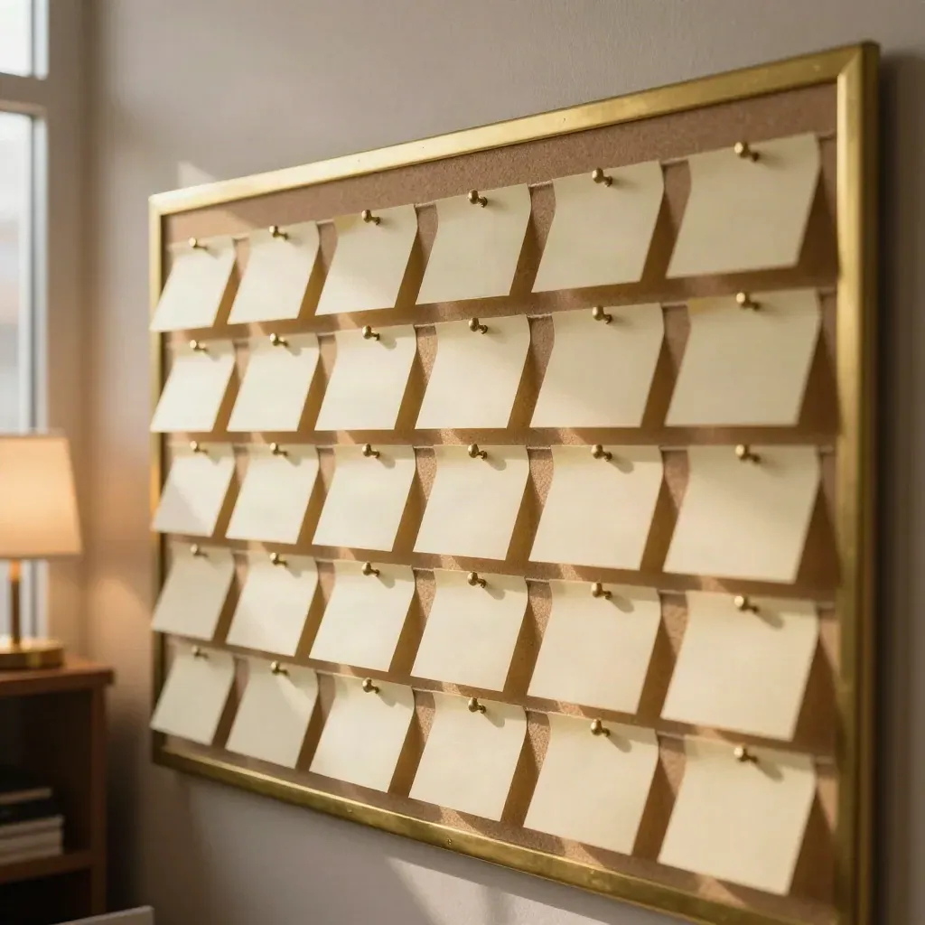 Brass pinboard with blank sticky notes and string lines in soft office light