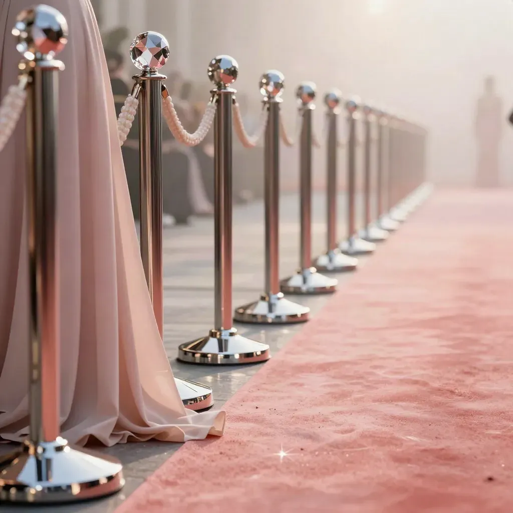 Crystal barrier posts and a blush gown hem on a red carpet lane with flash reflections.