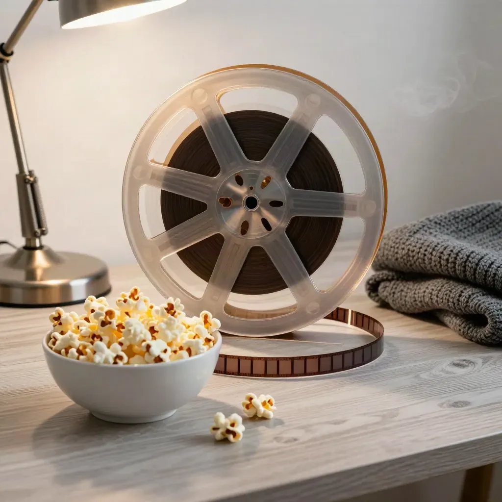 Film reel with popcorn, lamp, and folded sweater on a pale wood desk